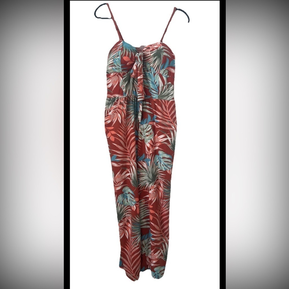 No Boundaries XL (15-17) Clay Brick Floral Tie Front Strapless Jumpsuit (0492)